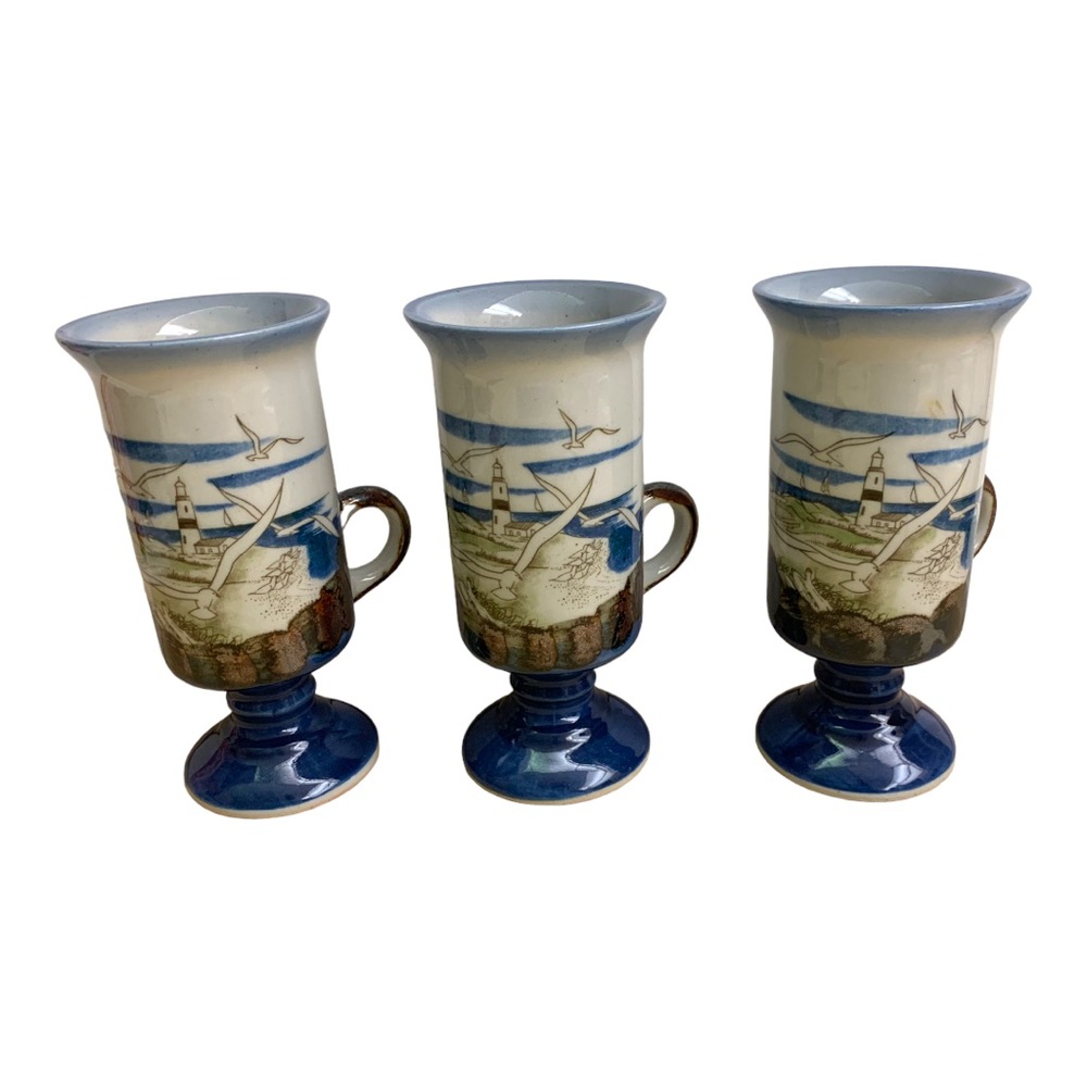VTG OTAGIRI Nautical Seashore Lighthouse Seagulls Irish Coffee Mug Rare Three